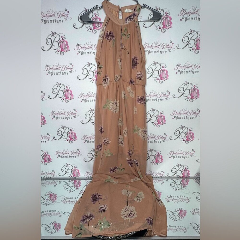 Sienna sky dress tan floral crochet boho long maxi leg slit on one side sexy